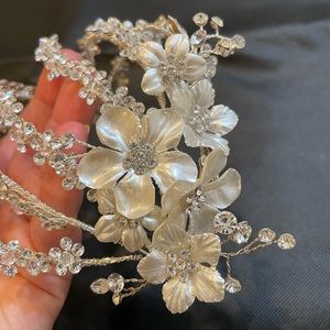Pewter Silver/Light Gold Beaded & Rhinestone Bridal Hairpiece “Cap” - Brand New